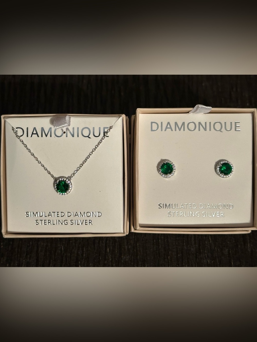 Diamonique Sterling Silver Emerald Green Simulated Diamond Necklace and Stud Set